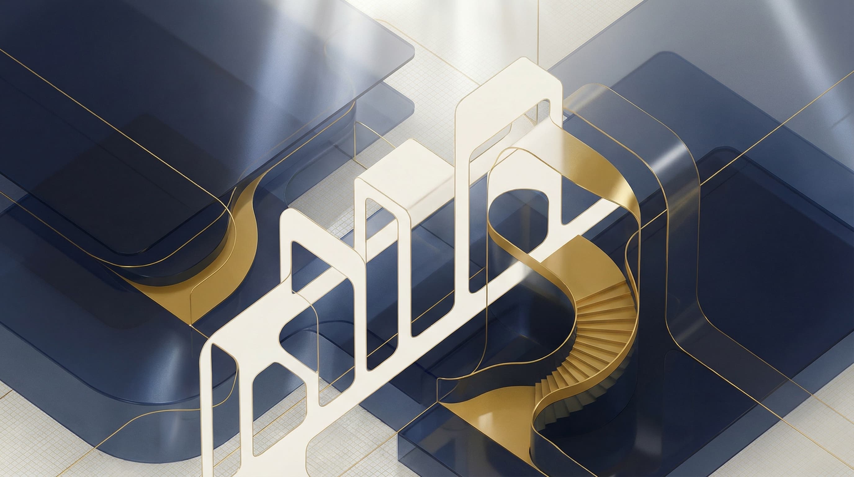 Abstract geometric visualization representing branded luxury residences and hospitality real estate investment in navy and gold