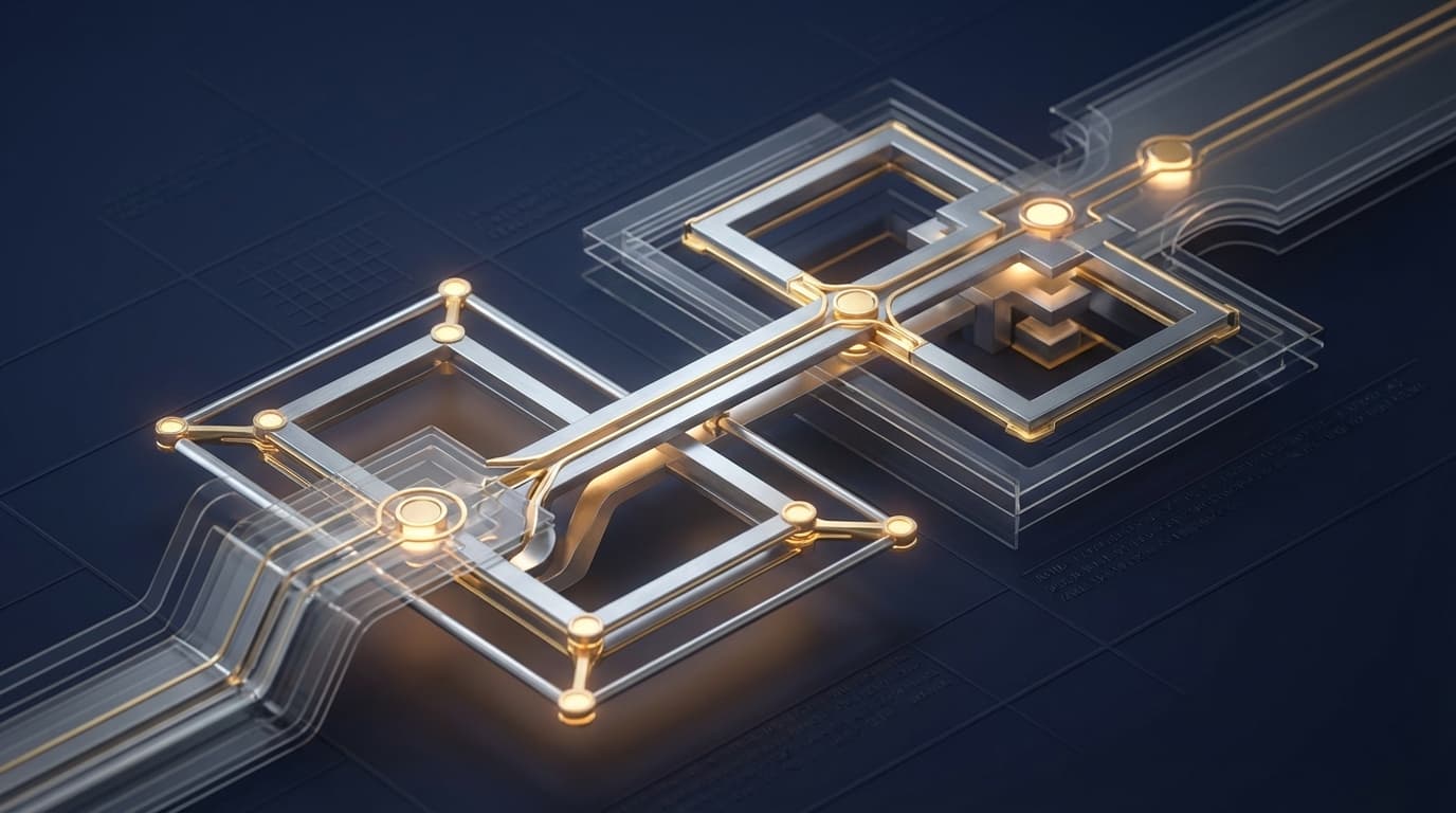 Architectural blueprint concept representing strategic wealth structuring with interconnected trust frameworks spanning generations, rendered in deep navy and gold tones