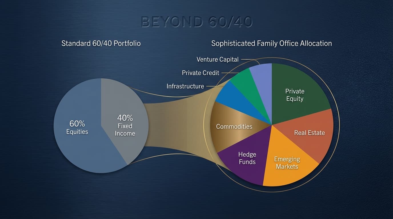 Strategic portfolio allocation visualization showing the evolution from 60/40 to sophisticated family office allocation