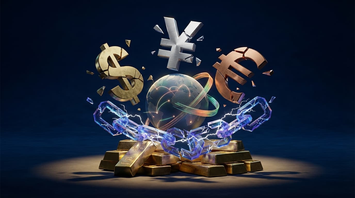 Abstract visualization of global financial system fragmentation and currency competition