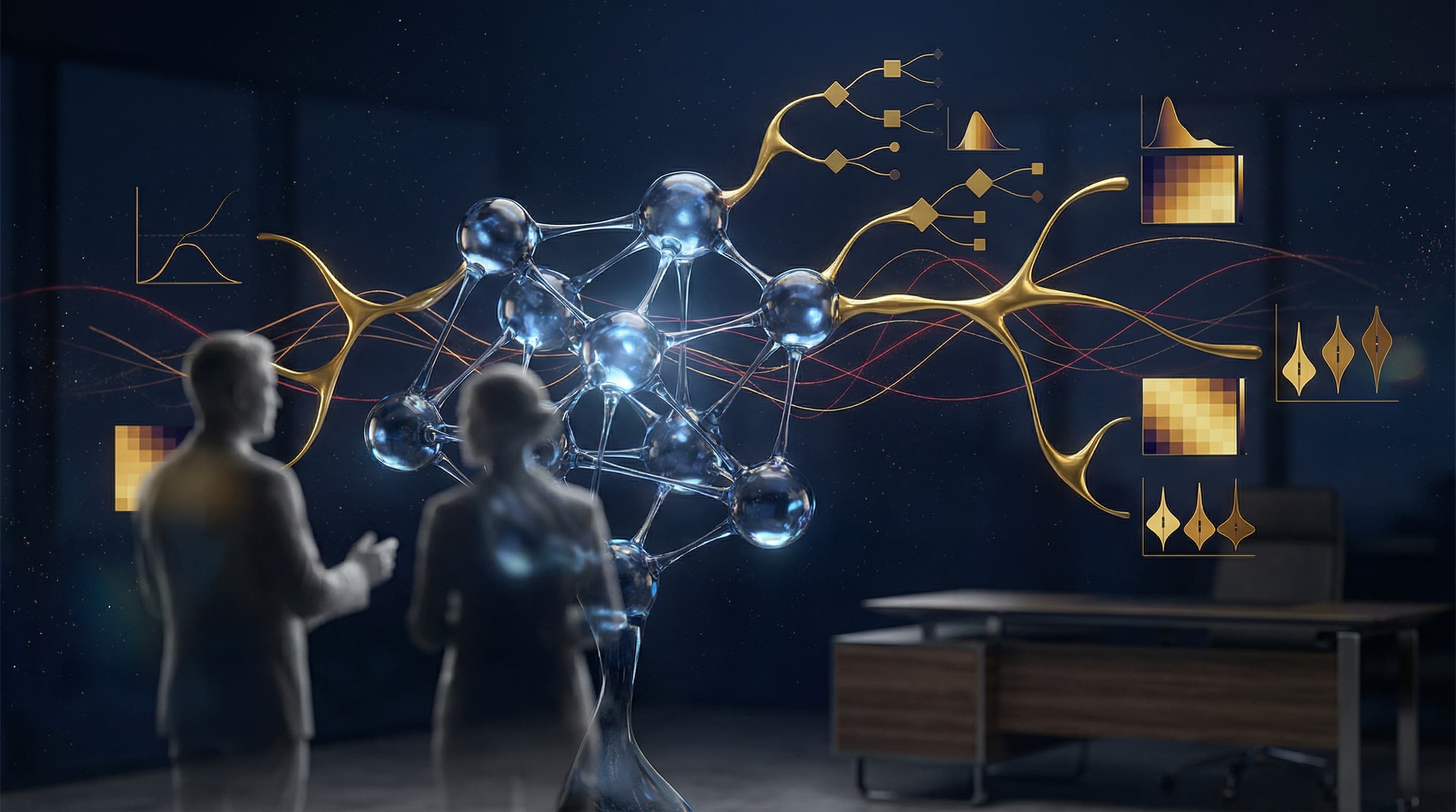 Abstract visualization of first principles thinking for investment showing interconnected neural networks and decision trees with deep blue and gold accents