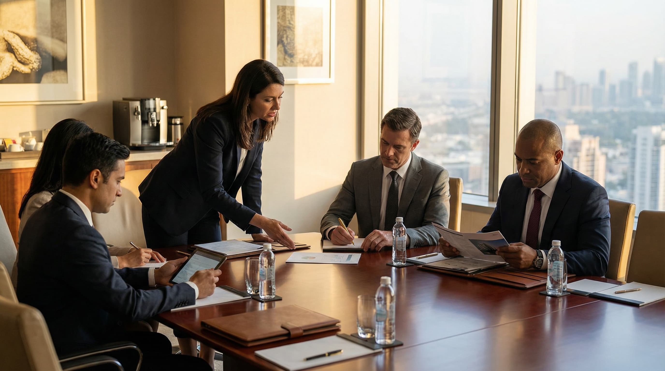 Professional institutional investors meeting in a high-end boardroom with city skyline views