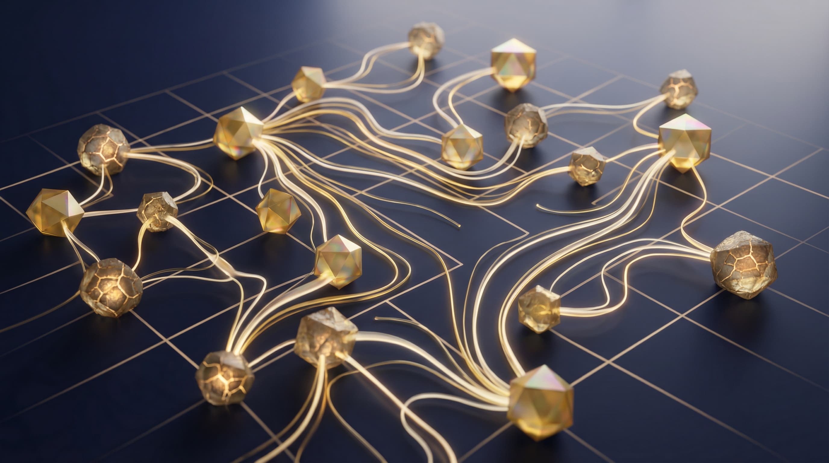 Abstract geometric visualization of global capital flows and emerging market allocation complexity with interconnected nodes in navy and gold