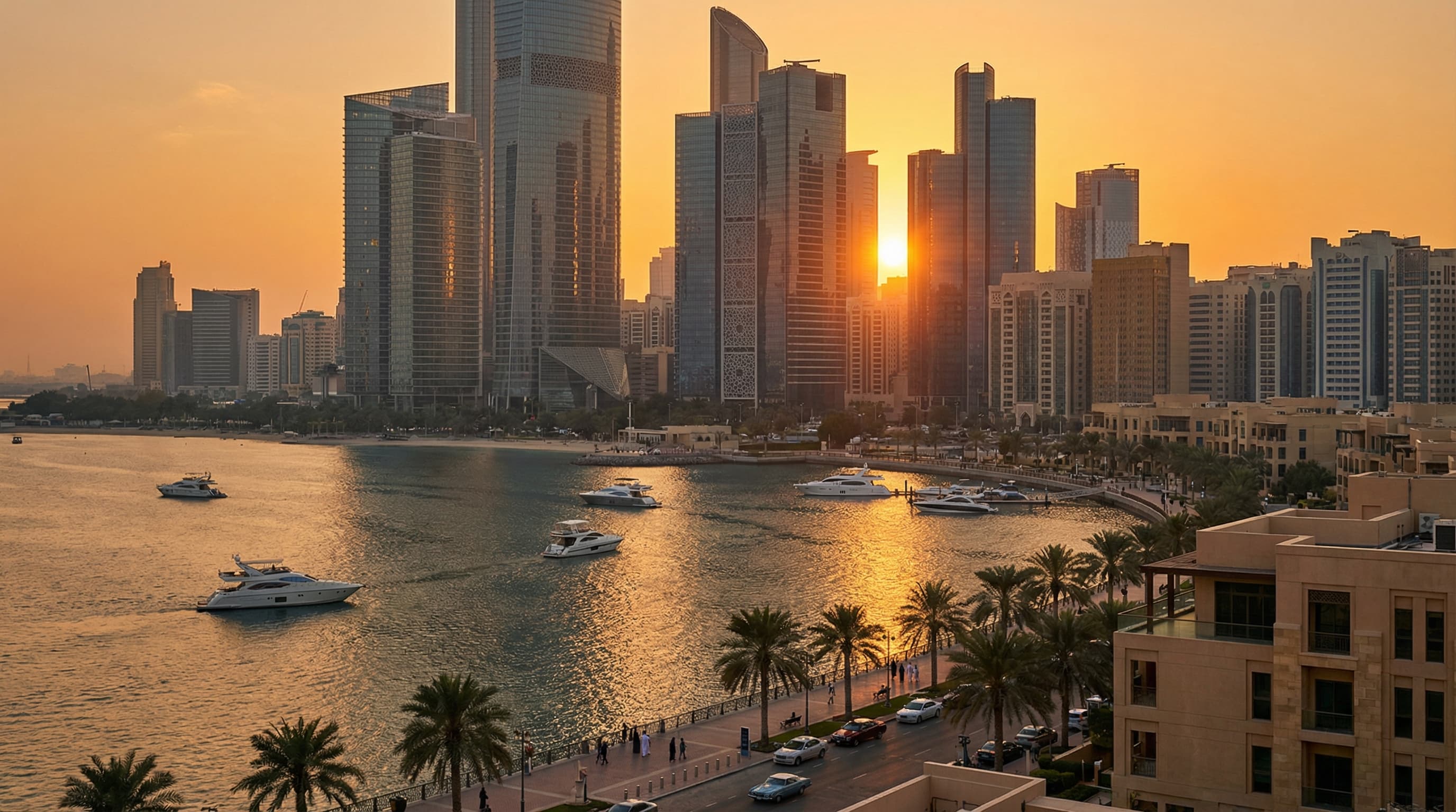 Modern Dubai skyline at golden hour with luxury skyscrapers and Arabian Gulf waters