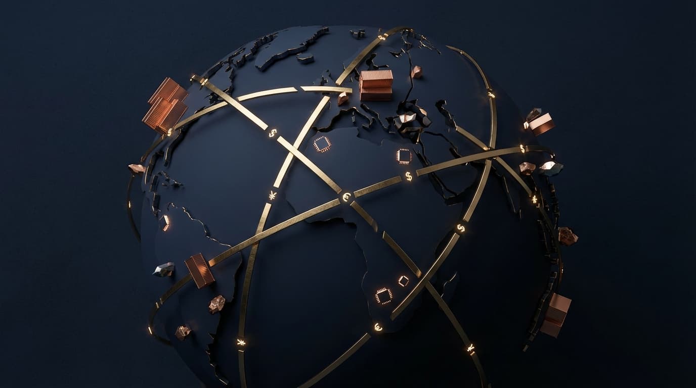 Abstract visualization of global economic fragmentation and modern mercantilism with interconnected trade blocs