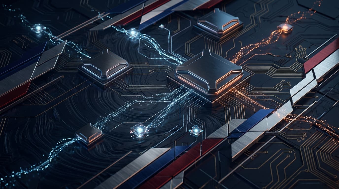 Abstract visualization of technology sovereignty and AI chip competition between nations