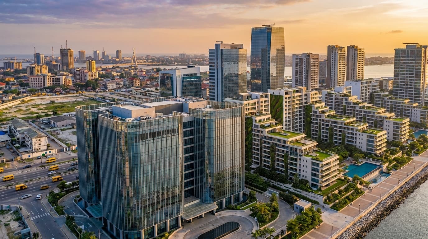 Modern commercial real estate development in Lagos, Nigeria skyline at golden hour